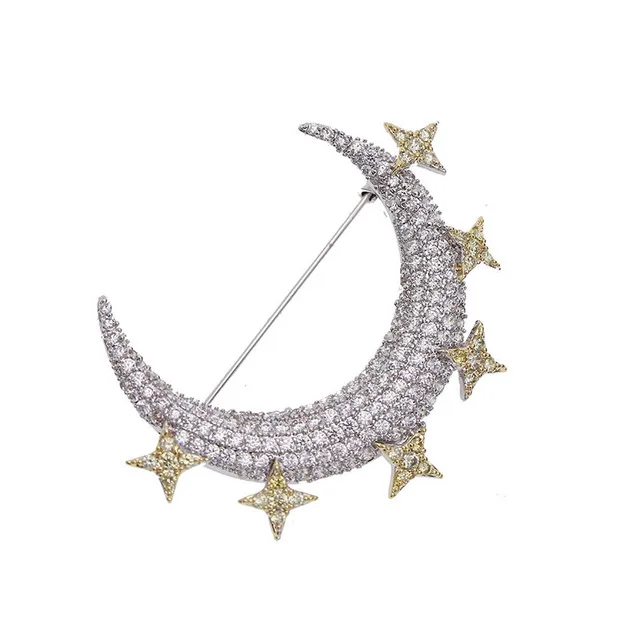 

High Quality Pave Rhinestone White Gold Plated Crescent Moon Star Corsage Brooch For Wedding Women, Gold&white gold