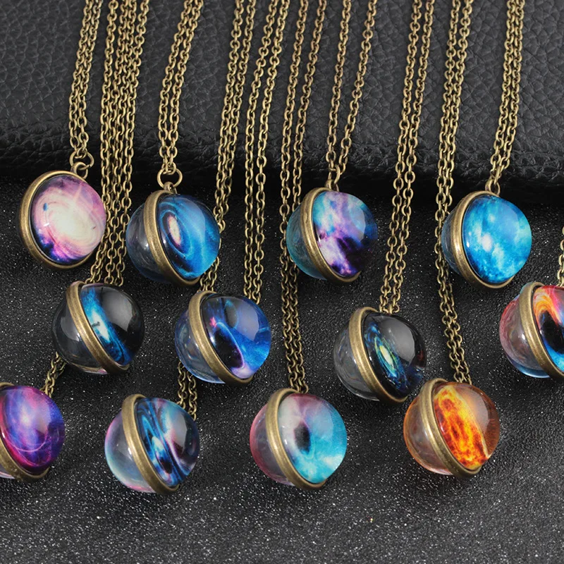 

new design Harajuku Universe Pendant Starry Sky Double-sided Glass planet Ball Glowing Women Jewelry Necklace