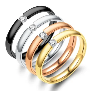 Trendy fashion beautiful Shiny zircon 3mm different color unisex stainless steel rings jewelry women