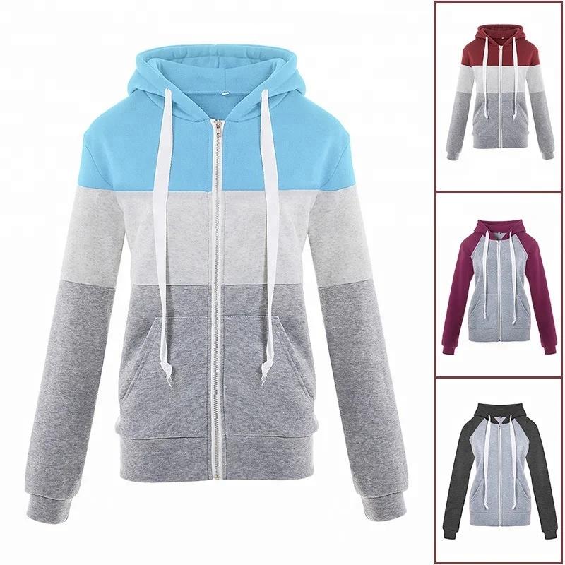 

2018 wholesale girl sport coat cardigan long sleeve women splice large size hoodie with hood, Red;black;purple;blue+black;blue+grey;wine