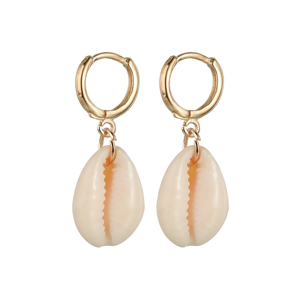 

Summer Beach 18K Gold Circle Sea Shell Clip on Hoop Earrings Natural Cowrie Shell Earrings