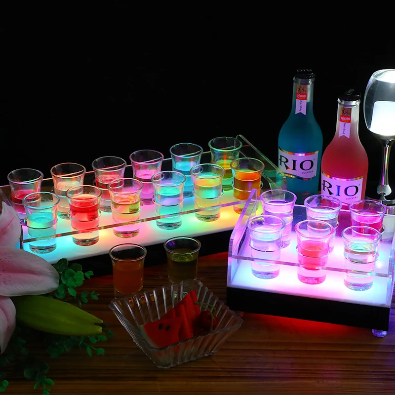 Vip Shot Display Led Colorful Rechargeable Acrylic Lighted Service Tray - 12 Glasses