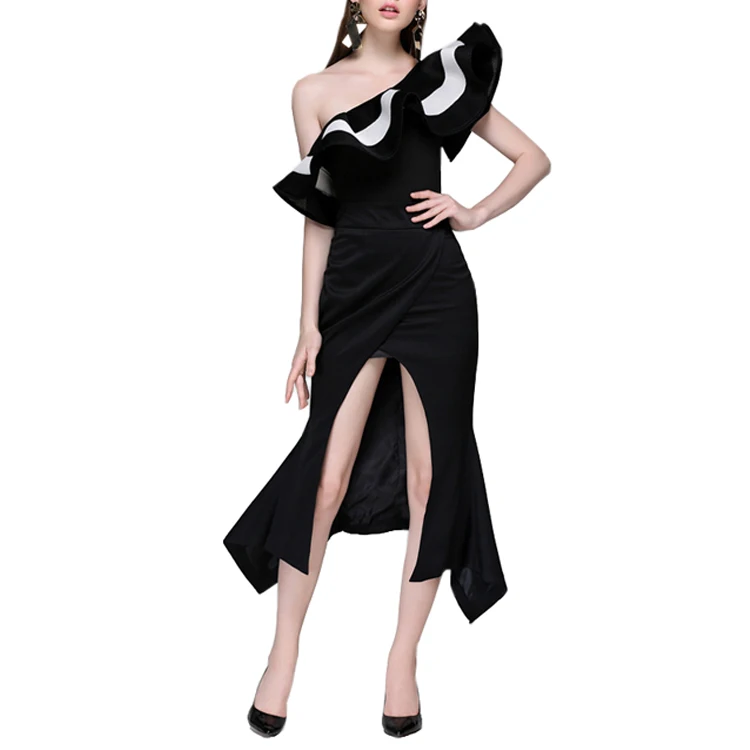 

New Design Wholesale Customized high quality Women Dress One shoulder Sleeve A line Swing Sexy Evening Dress, Customized color