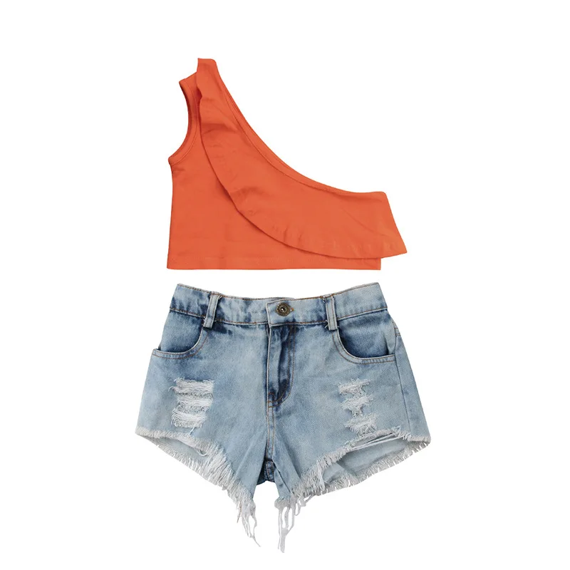 

2019 girl summer clothes sets kids one shoulder top with broken hole denim shorts 2ps suits, As picture