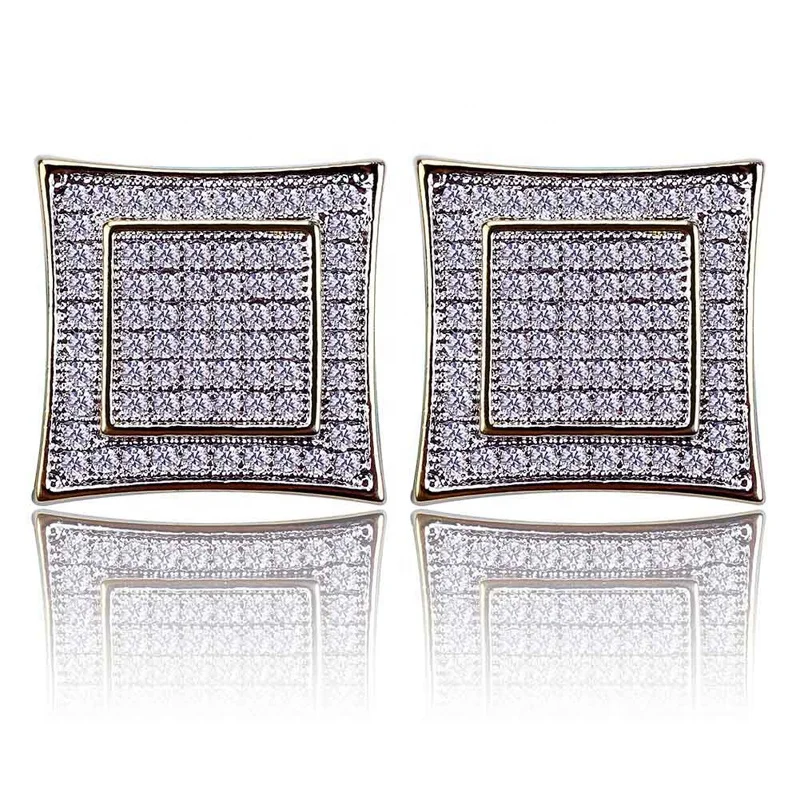 

Blues RTS hip hop micro pave cubic zircon Two Tone Color Square Zircon Earring, Silver, gold
