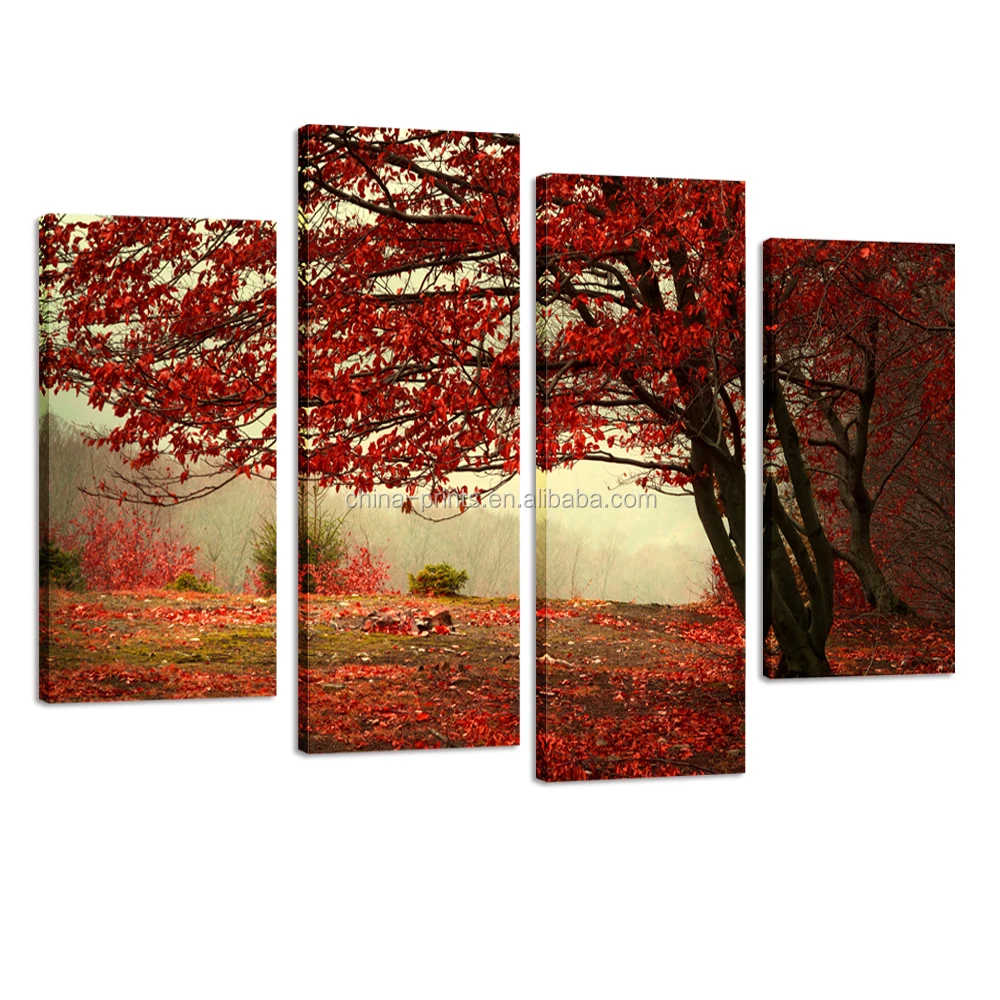 Pohon Maple Merah Floral Landscape Canvas Wall Art Gambar Multi 4