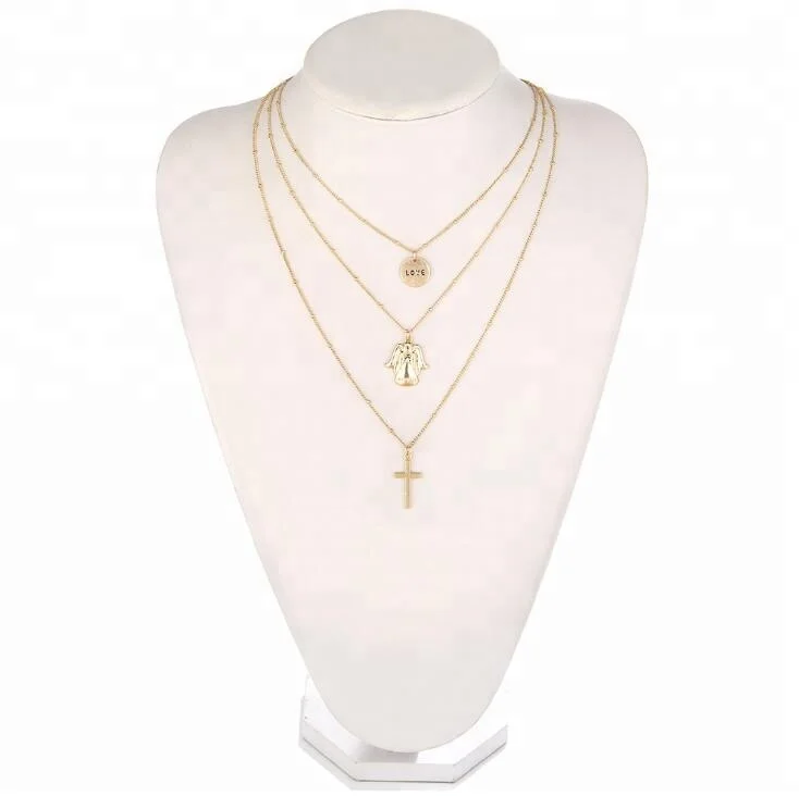

39cm,46cm,56cm 14g Gold Layered Engraved Disc Angel Cross Pendant Necklace