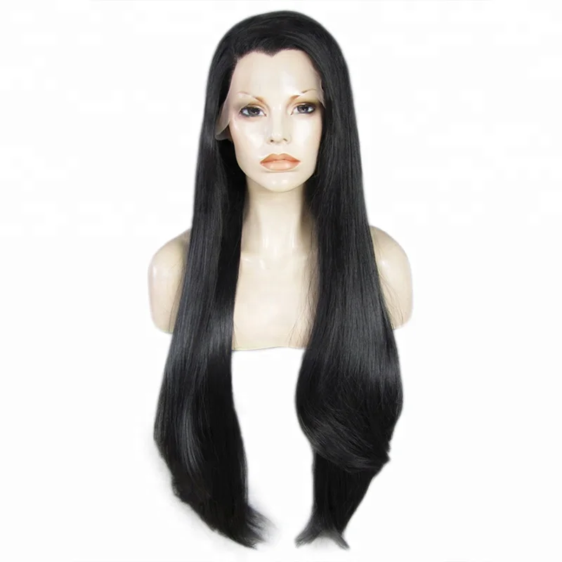 

Anogol Side Part Glueless Brazilian Hair Long Silky Straight Wave Natural Black Synthetic Lace Front Wig For Women