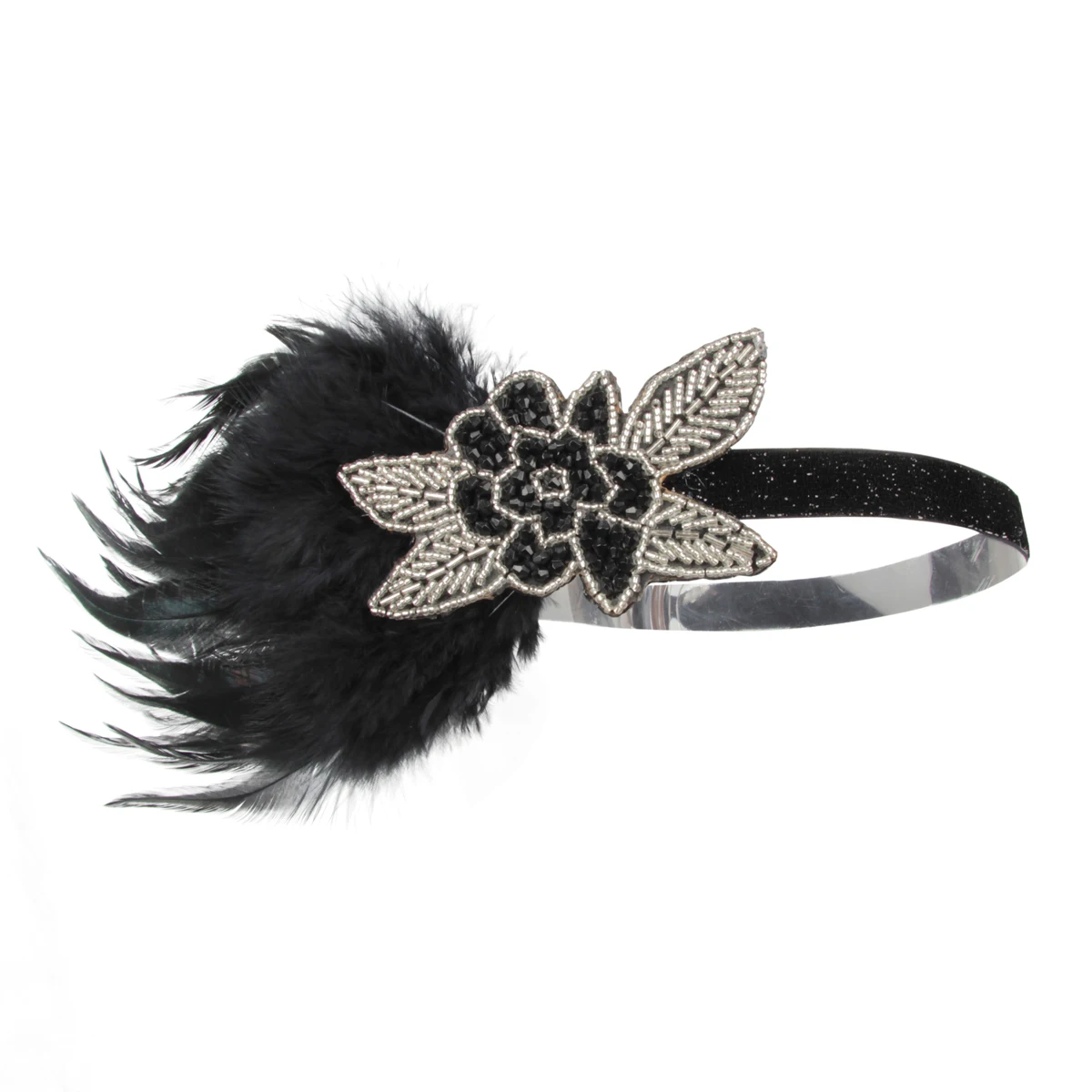 

Vintage Black Feather 1920s Hair Accessories Flapper Headpiece Handmade for Women, Beaded applique balck feather