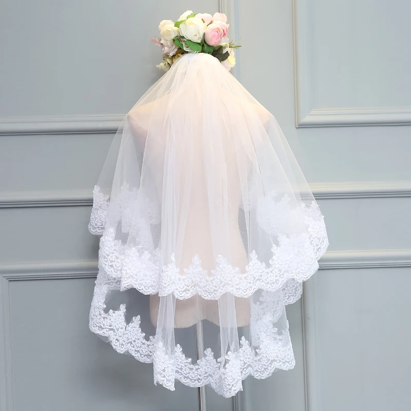 Wholesale Top Quality Short Lace Two Layer Ivory 1.5 Meters Width 1.5 Meters Short Lace Veil for Bridal With Comb MSVB3