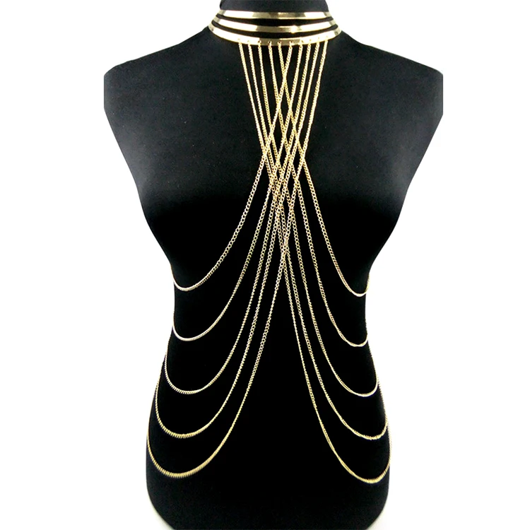 

LBJ-187007 New Design Exaggerated Gold Plated Metal Collar with Crossed Chains Sexy Body Chain Jewelry, 1 color