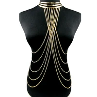 

New Design Exaggerated Gold Plated Metal Collar with Crossed Chains Sexy Body Chain Jewelry