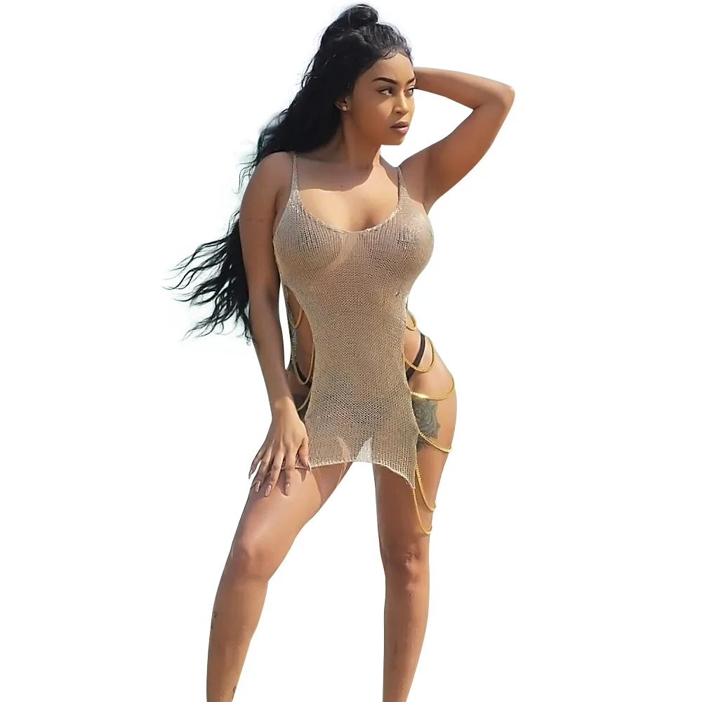 

Women's Sexy O-Neck Side Metal Chains Swimsuit Cover Ups Short Sleeveless Beach Dress, White khaki beige gold or customized
