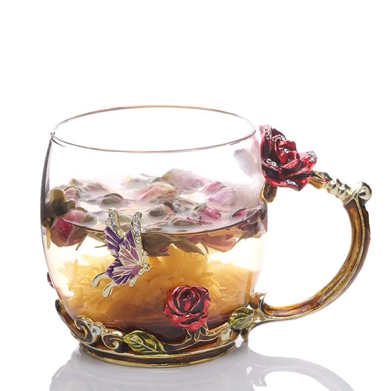 

Wholesale Gift Enamel Glass Rose Tea Coffee Enamel Glass Cups With Handle, Clear