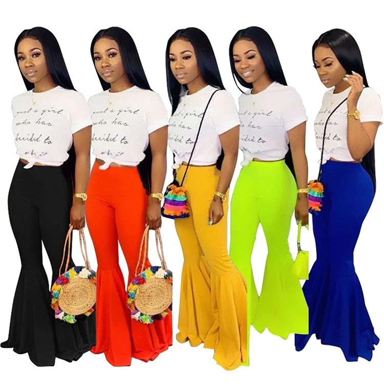 Trendy Cheap Wholesale Summer Autumn Women Pure Color Casual Long Bell Bottom Pants