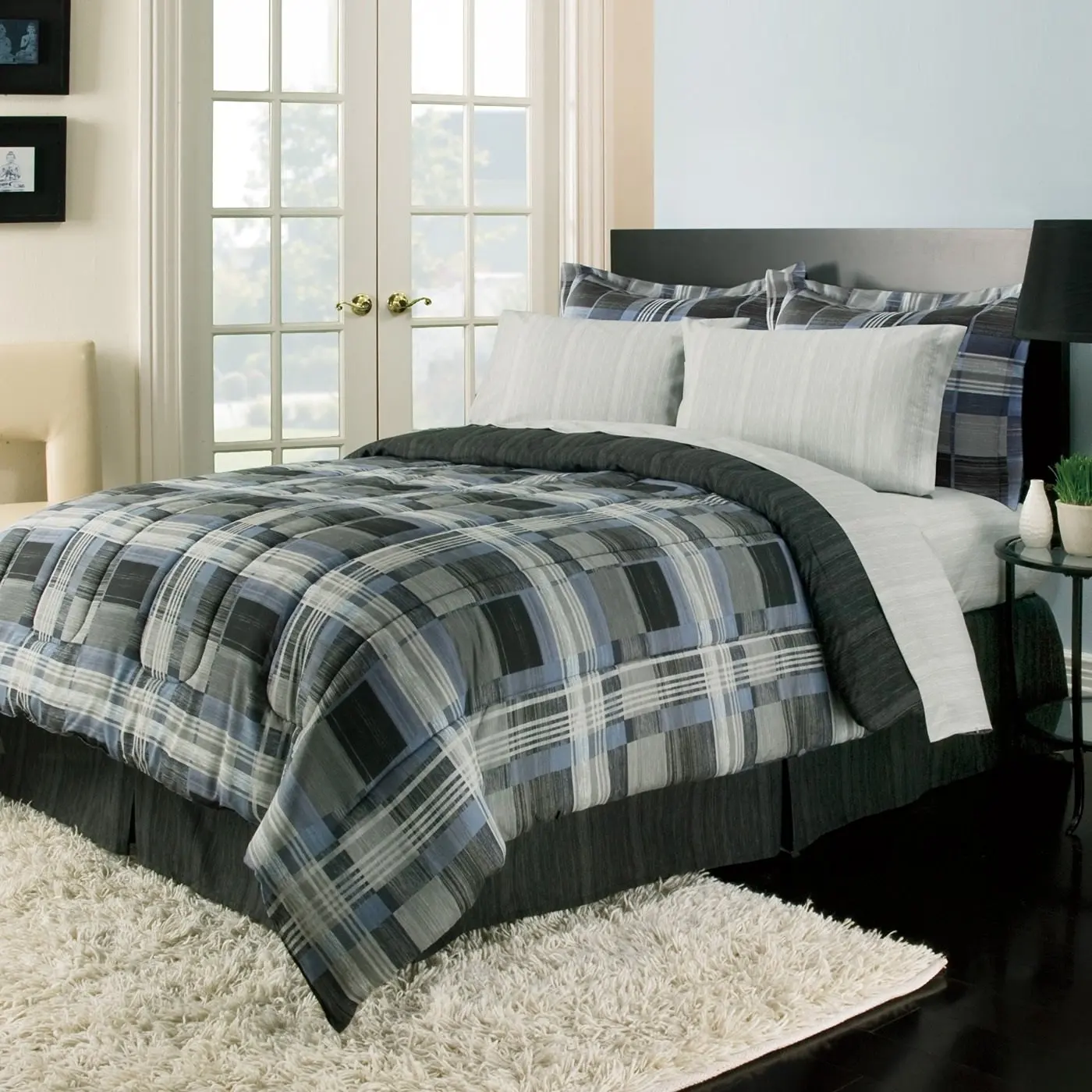 Royal 8 Piece Full Blue Plaid Comforter Set Black Grey, Reversible Bedding with Sheet Set, Stripe Plaid Squares Pattern, Modern & Classic