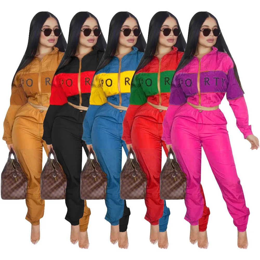 New Arrivals Spring Fashion Women Zipper Up Crop Jacket Long Pants 2 Pieces Set Color Block Patchwork Letter Print Tracksuit
