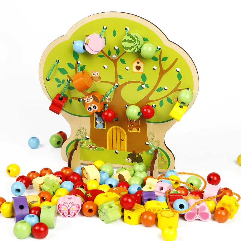 Children Puzzle Wooden Beaded Toys String Fruit Trees Threading Game ...