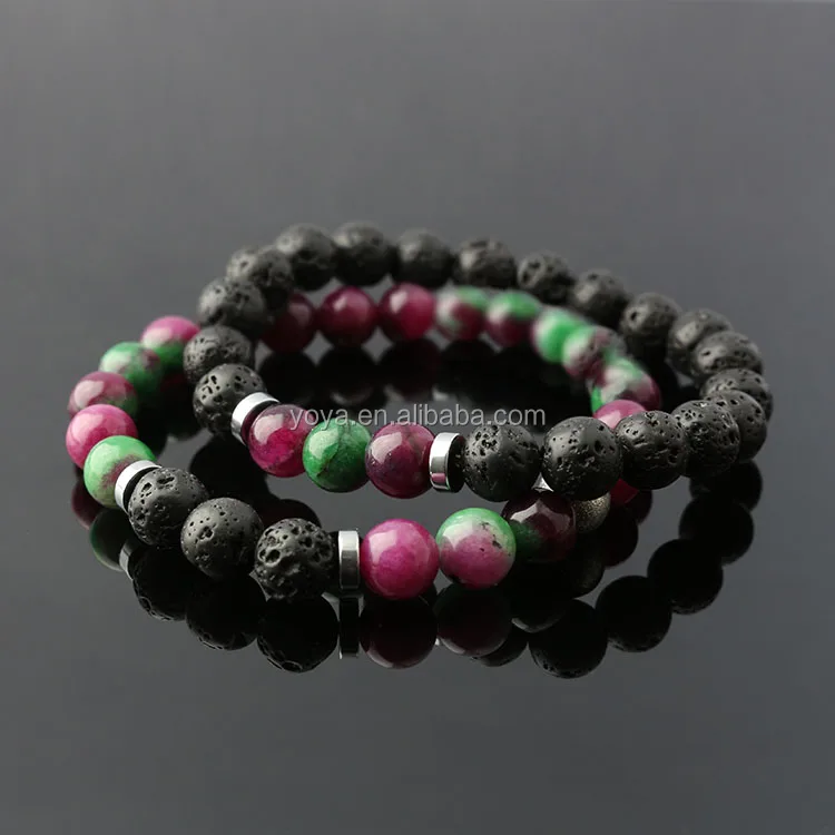 

BN5024 new matching gemstone Yingyang couple bracelet set,Synthetic tourmaline &lava relationship elastic bracelet