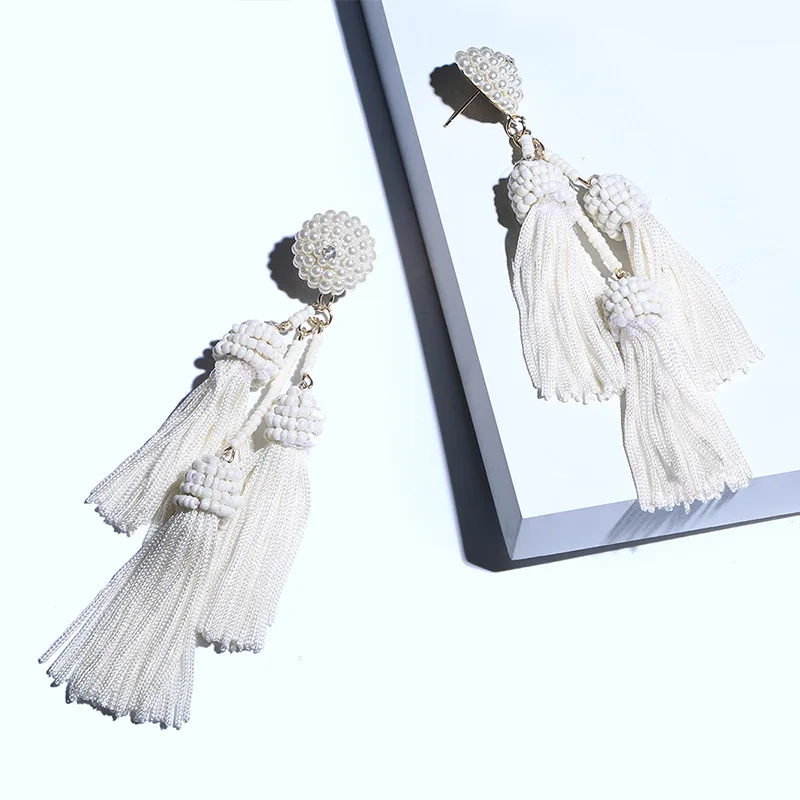 Latest Handmade Layered Pure Color Long Tassel Seed Beads Earrings For Women