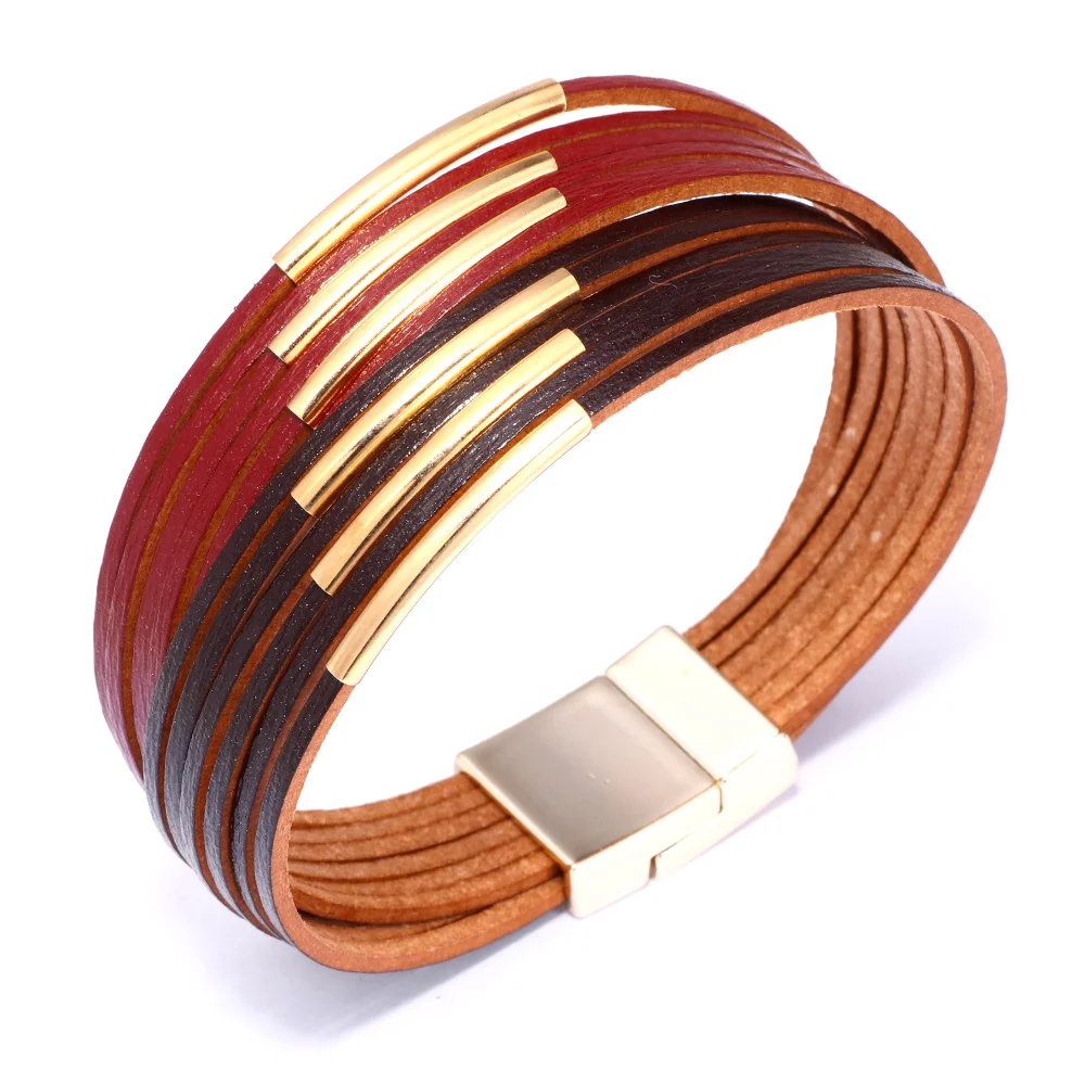 

2019 Trends Jewelry Womens Fashion Double Colors Multi Layers Leather Bracelet with magnetic clasp