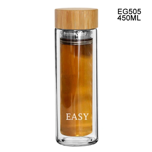 

EG505 410ML/14OZ New Design Custom Promotional Sexy Double Wall Glass Water Bottles With Bamboo Lid &Tea Infuser Wholesale Logo, Natural transparent