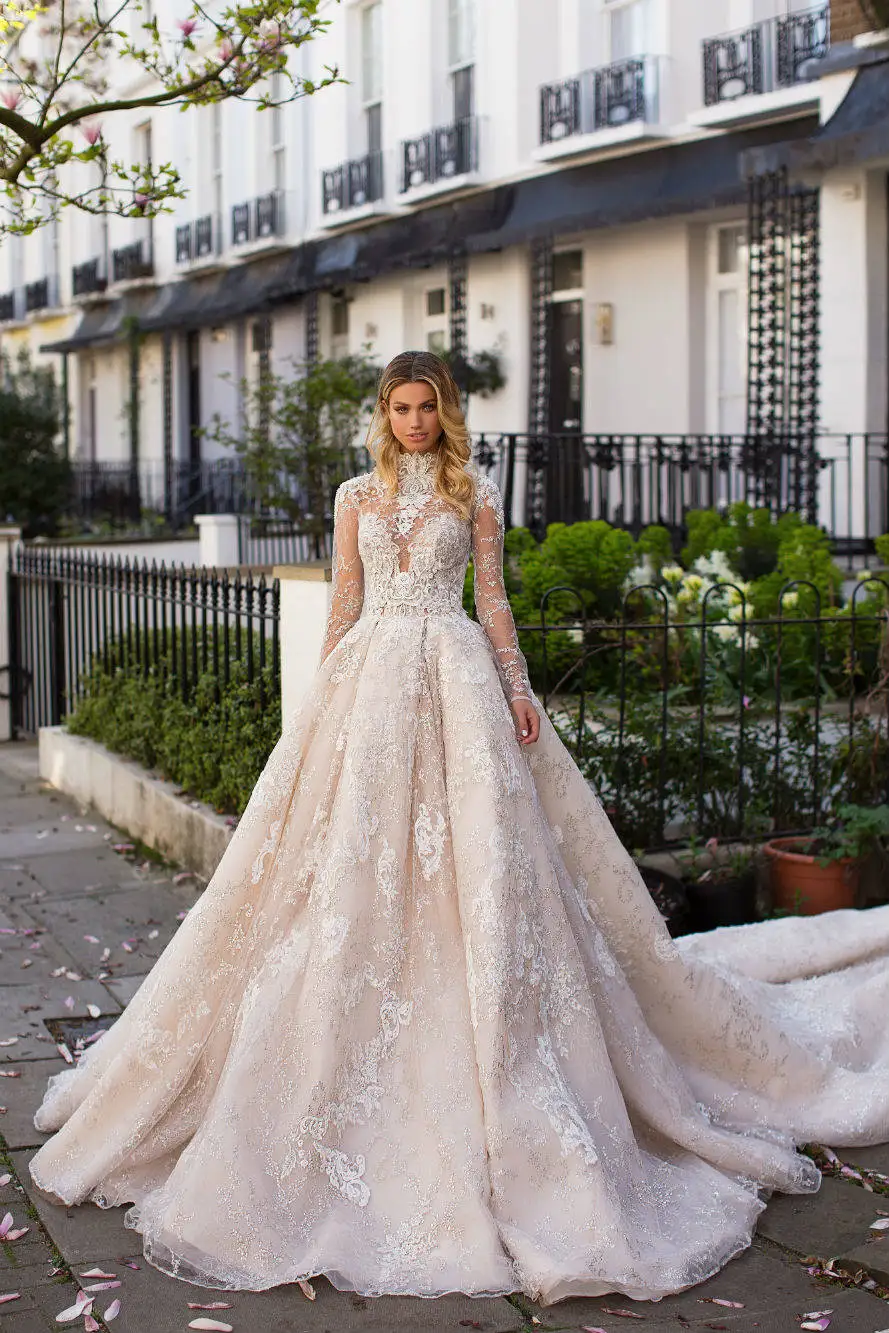 ASA0656 lace long tail elegant detachable tops bride gown long sleeve wedding dress 2019