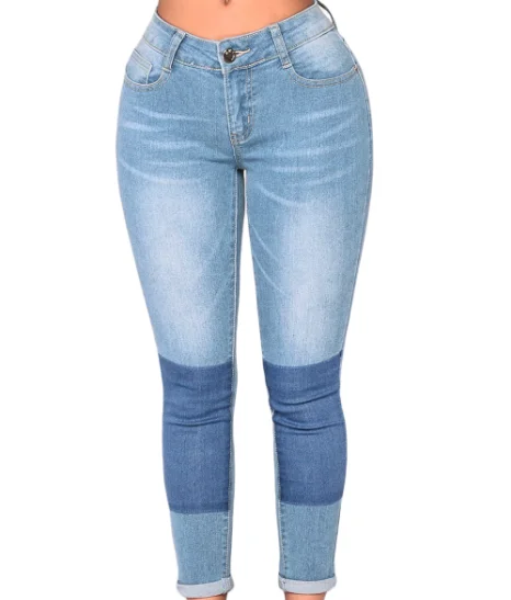 

Wholesale Denim Light Blue Wash Color Block Jeans Pants, Black