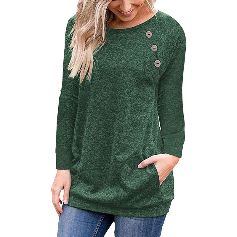 

Fashion New Round Neck Button Stitching Long Sleeve Pocket Top