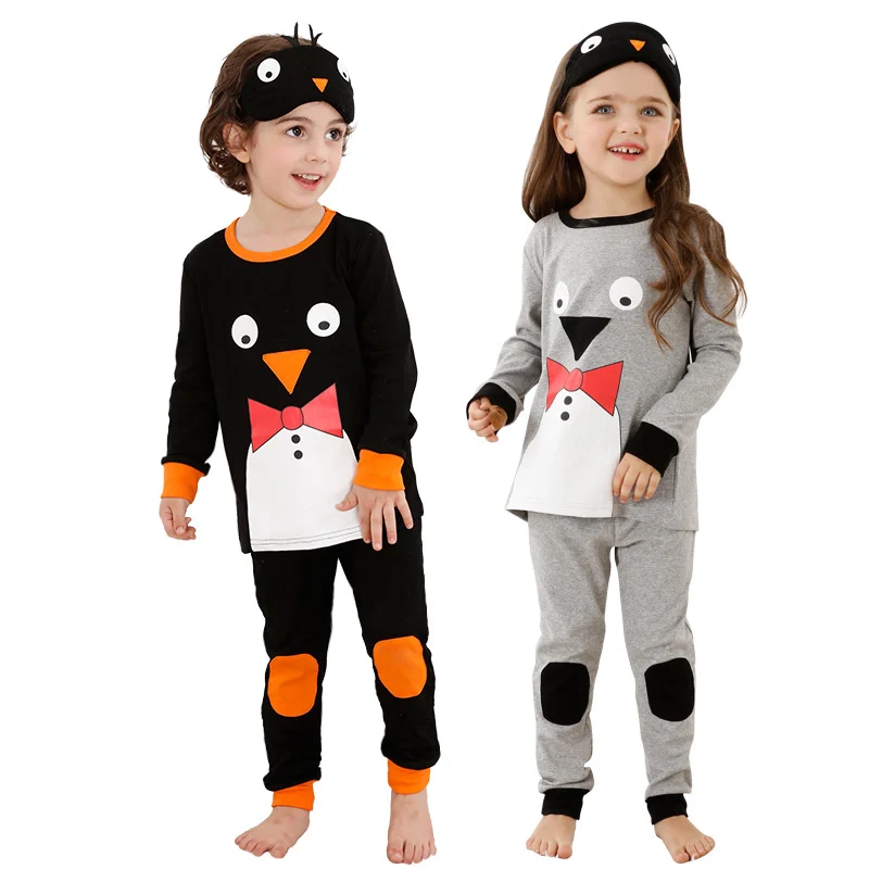 

Super Soft Breathable Cotton Penguin Water Print Kids Pajamas, Gray and black