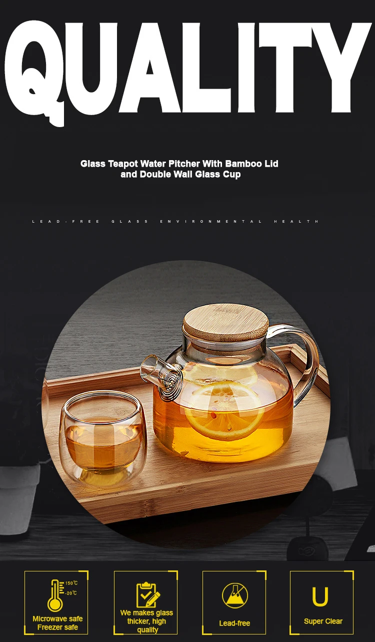 Heat Resistant Handmade Borosilicate Bamboo Lid Glass Teapot With Tea