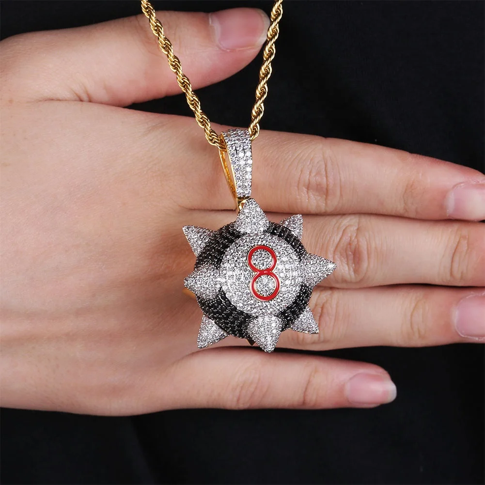 

Fine Jewelry Iced Out Hip Hop Spike Number 8 Billiard Necklace Full CZ Diamond Personality Ball Cool Boy Pendant, Silver