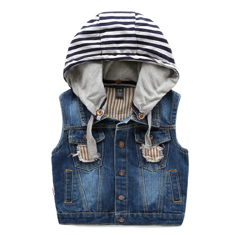 Wholesale Fashion Kids Detachable Hood Denim Boys Vest With Many Pocket