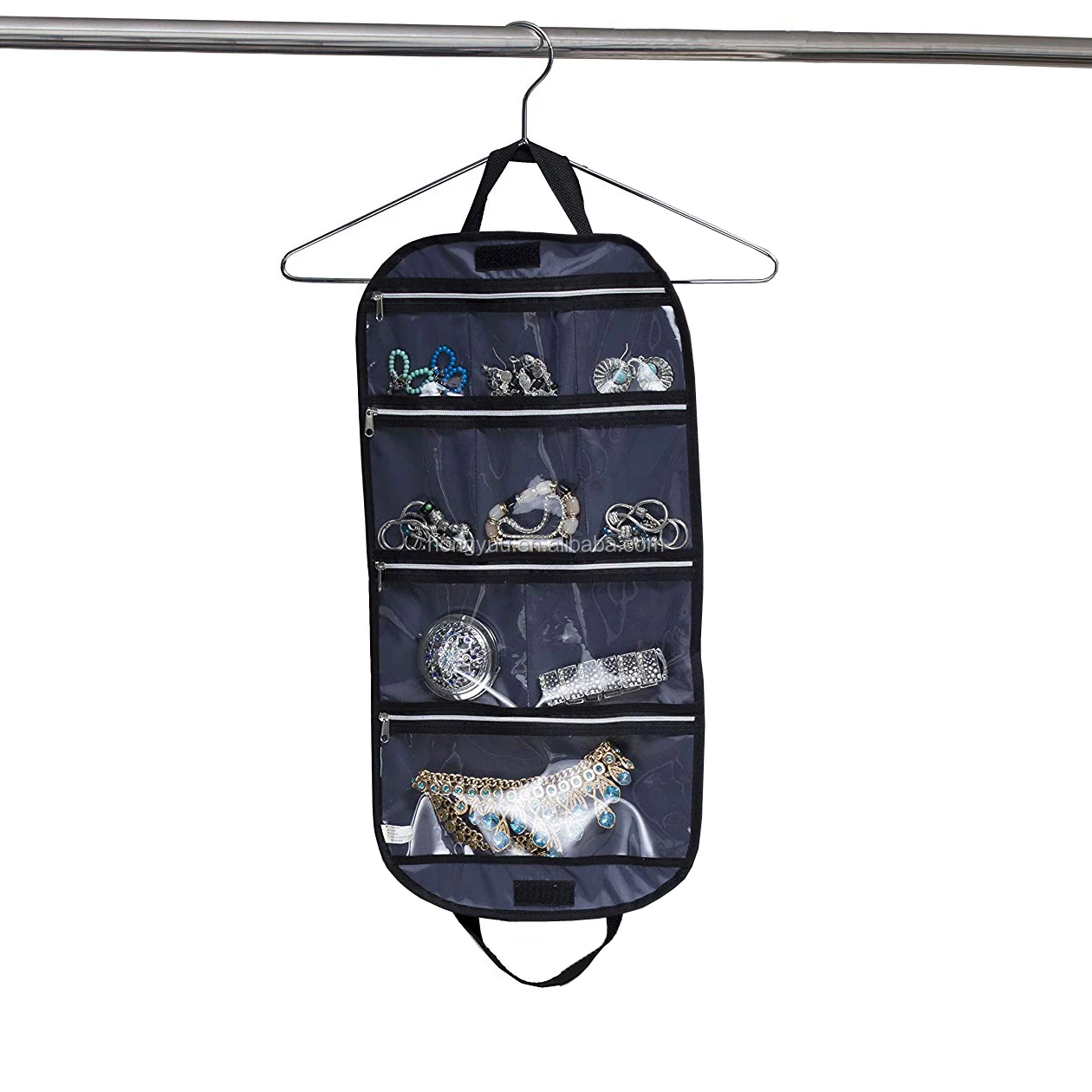 Custom Hanging Jewelry Organizer 9 Zippered Pockets Travel Roll Up Bag For Necklace Bracelets