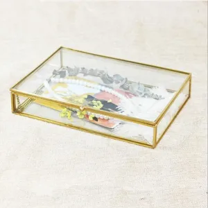 Retro Rectangle Cover Black Gold Brass Glass Jewelry Cosmetic Organizer Box