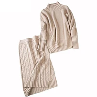 

two-piece long Skirt Chunky Knit Pullover Korean design ladies Dress women turtleneck sweater dress