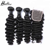 

natural color deep wave virgin Indian human hair weave bundles with closure