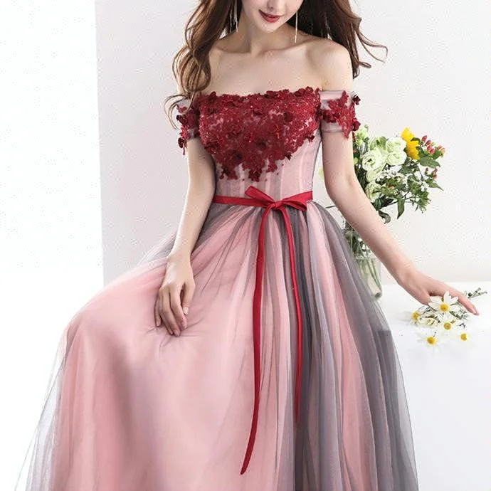 

New stock evening dresses 2018 off shoulder bridesmaid dresses long party wear gowns for ladies, Grey and red