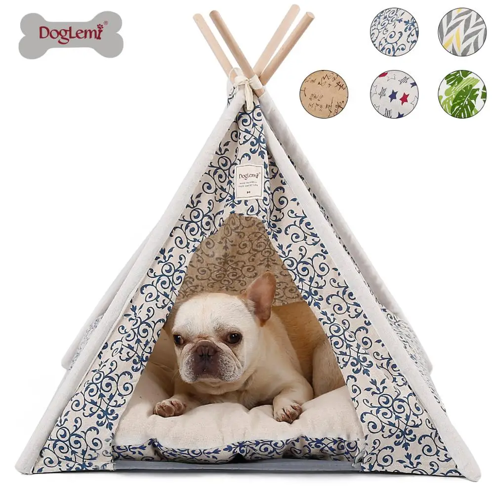 

Pet Teepee Tent Foldable Wood Linen Cave Bed Dog Cat Tipi House Indian Tents, Blue,yellow,white,brown,green