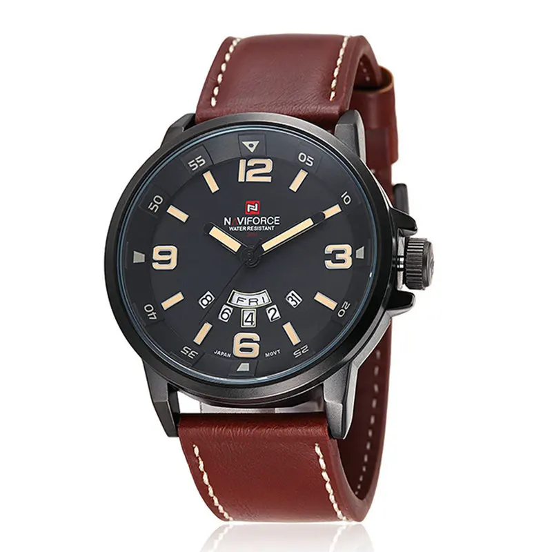 

Naviforce 9028 Fashion Mens Leather Strap Military Quartz Watches 30m Waterproof Analog Clock Casual Army Sports Wristwatch, 4 color for you choose