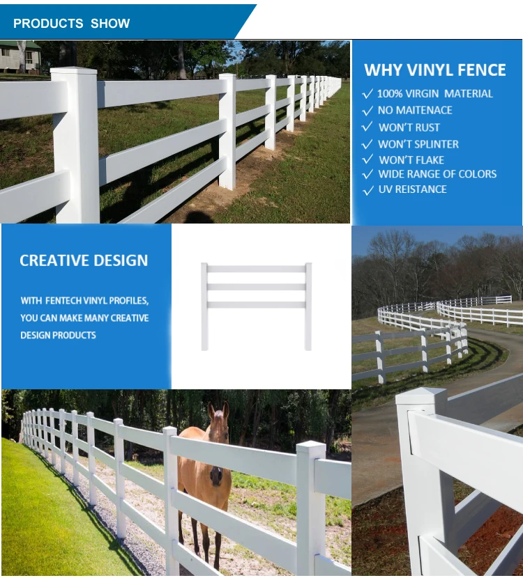 Fentech Pvc Vinyl Plastic 3 Rail Used Horse Paddock Fence Panels For