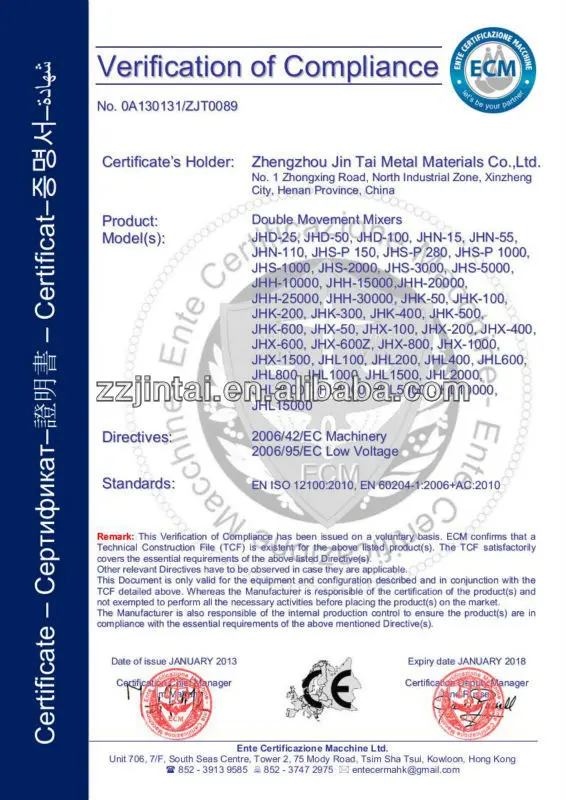 Double movement mixer CE certification