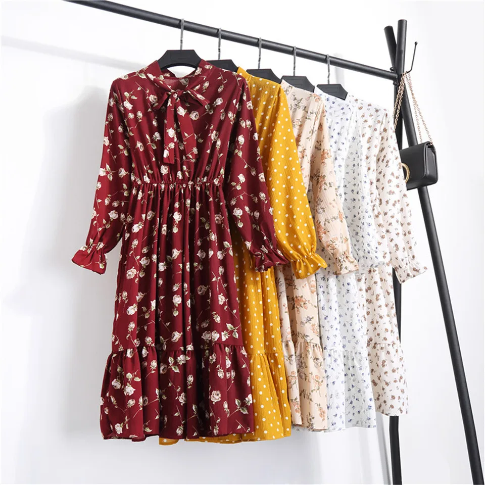 Wholesale High Quality Korean Ladies Clothes Bohemian Autumn Chiffon Dress Women