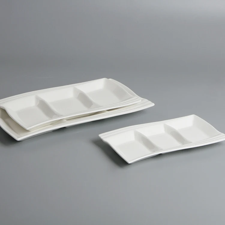 Restaurant Dinnerware White Rectangular Tapas Ceramic 3 Compartment