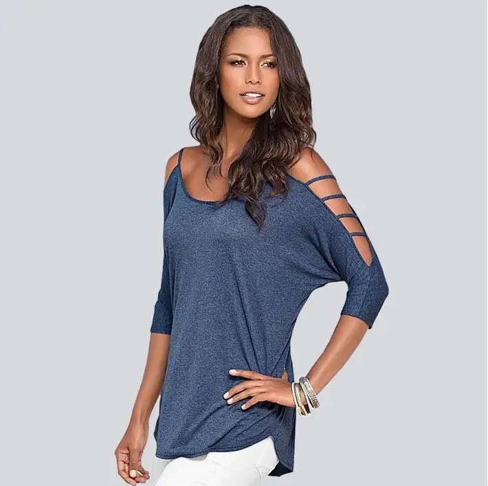 

2017 new design Women's Casual Loose blouse Hollowed Out Shoulder Three Quarter Sleeve Shirts, Grey;pink;grey blue;purple;color blu
