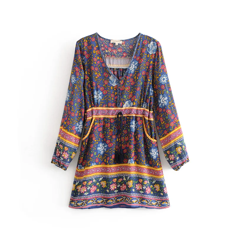 

Bohemian style flower printed women casual long sleeve short dresses