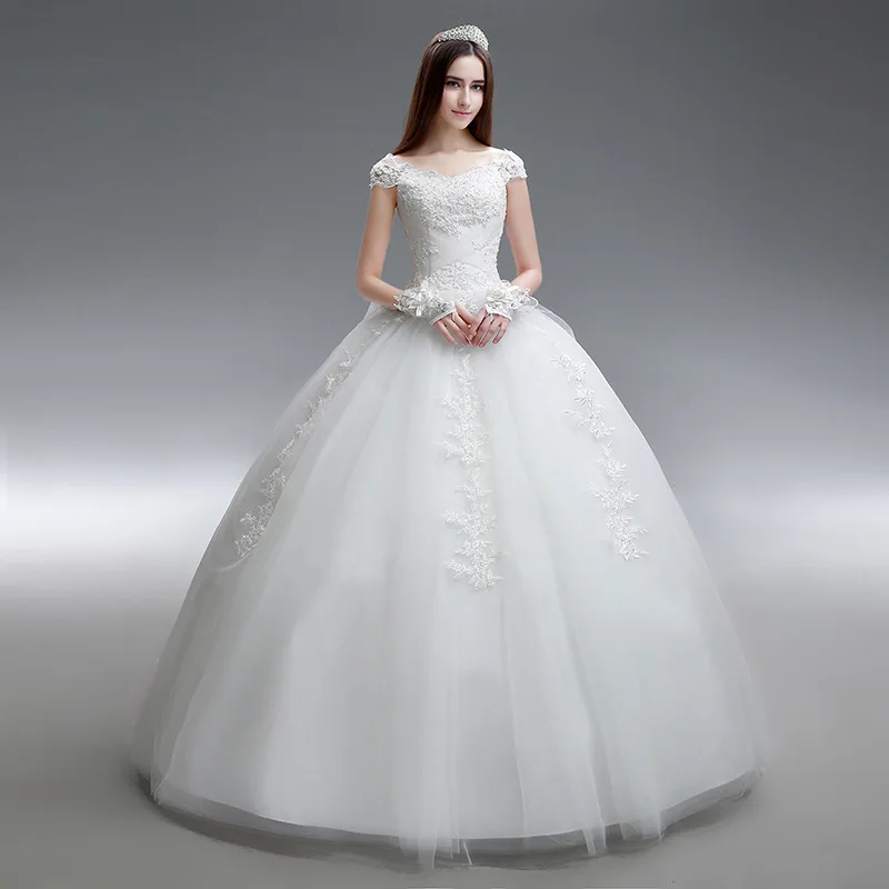 

Delicate European Style O-Neck Cap Sleeve White Lace Wedding Dress