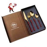 

bulk stainless steel metal luxury gold and red handle cutlery set,flatware set