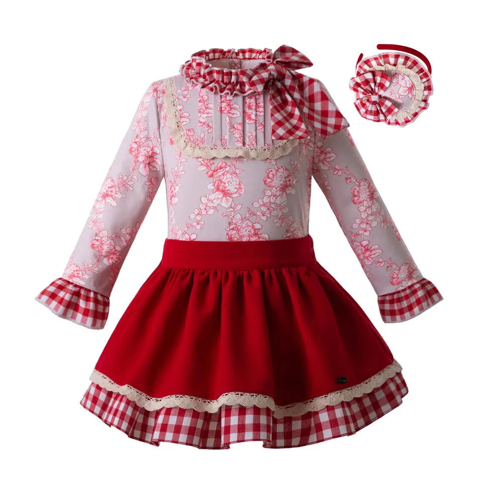 

2022 OEM Pettigirl Floral Frocks For Kids With Long Sleeve Tops And Red Skirt Girl Outfit Wholesale