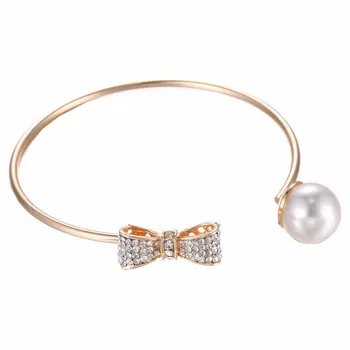 Rhinestone Bridal Bracelet Rose Gold Plain Bow Tie Charm Bangle With Pearl Product On Rhinestone Bridal Bracelet Rose Gold Plain Bow Tie Charm Bangle With Pearl Product On